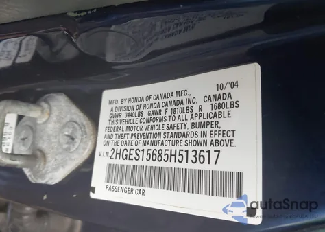 2005 Honda Civic Lx from USA, damaged, VIN 2HGES15685H513617